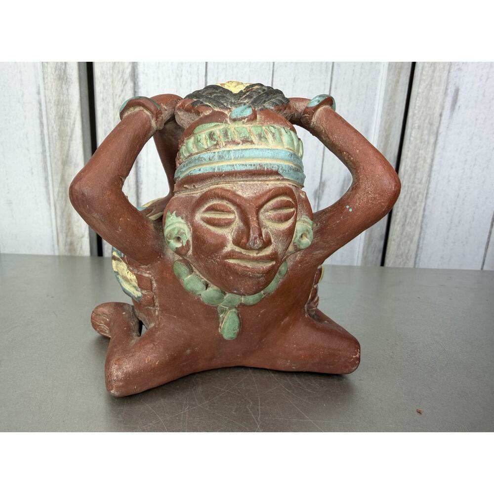 VTG Terracotta Mexican Folk Art Clay Aztec Mayan Planter Colorful